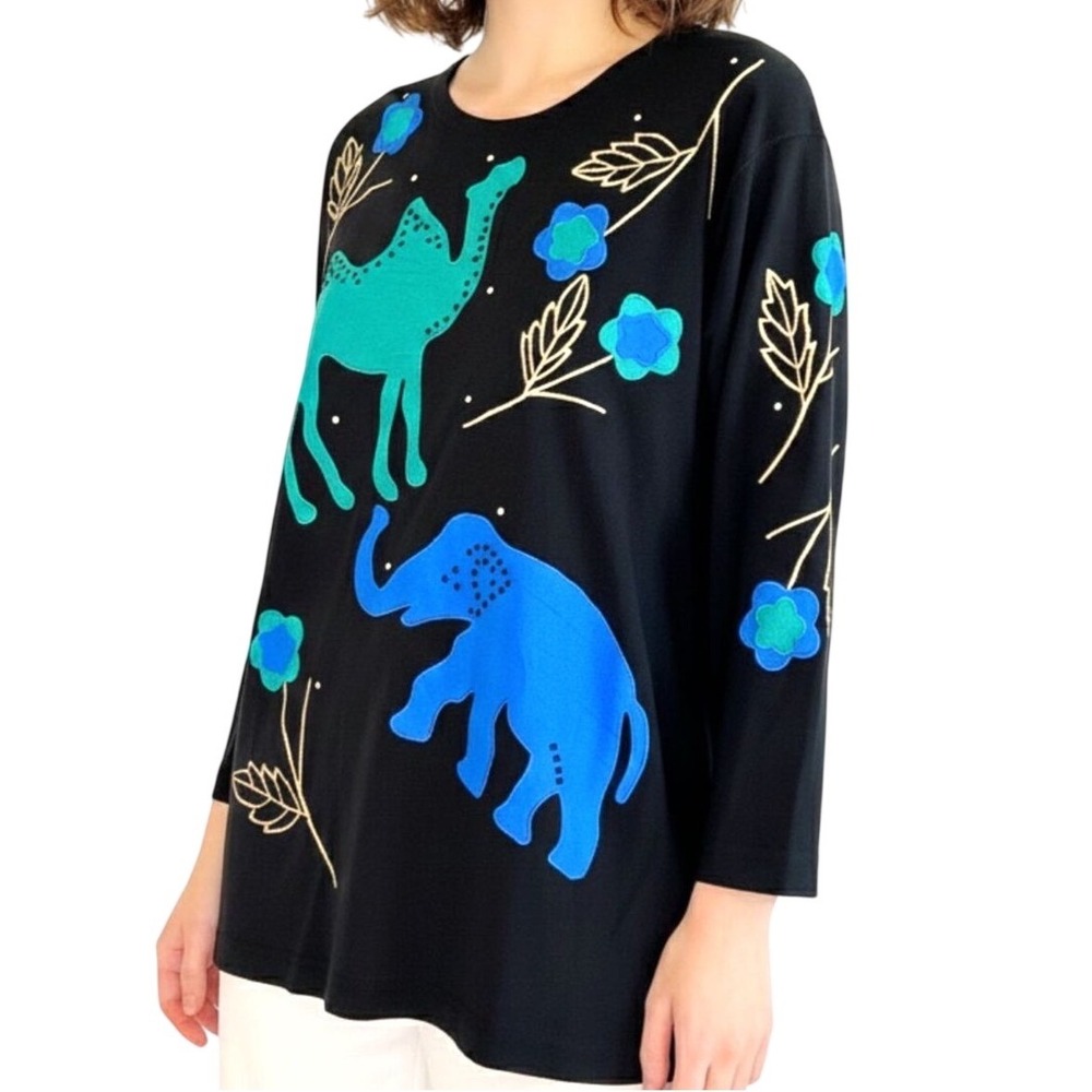 Leau Vive Womens M Vintage 80s Silk Angora Top Beaded Elephant Camel NWT